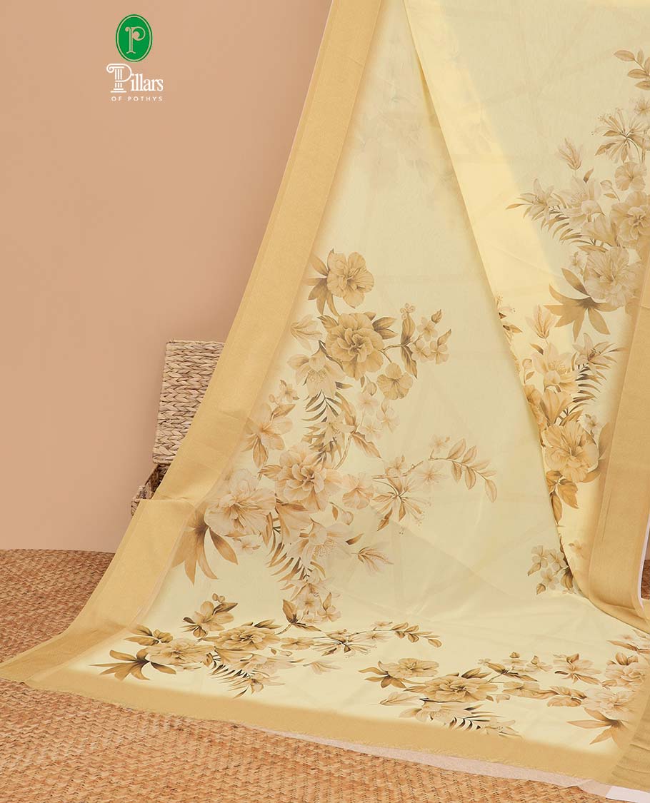 Yellow digital floral print georgette saree with satin border & self pallu