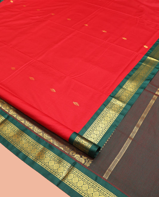 Red Nine-Yard Art Silk Saree, Beautified with Buttas All Over Its Body, Complemented by a Contrast Traditional Zari Design Border, Gandly Jaal Pallu, and Comes Without a Blouse