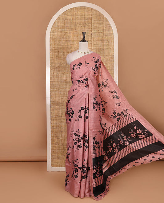 Borderless pink five petal floral motifs printed semi tussar saree, self-pallu of  floral print, and printed blouse