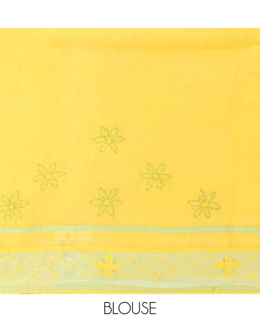 Yellow all-over floral thread embroidery chikankari cotton saree with contrast embroidery border