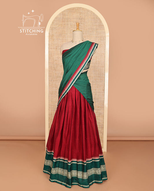 Red cotton half saree with contrast zari design border, zari design blouse & plain, intricate zari design border dhavani