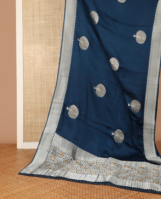 dark blue tree motifs dola silk saree with self intricate zari design border & floral jaal design pallu