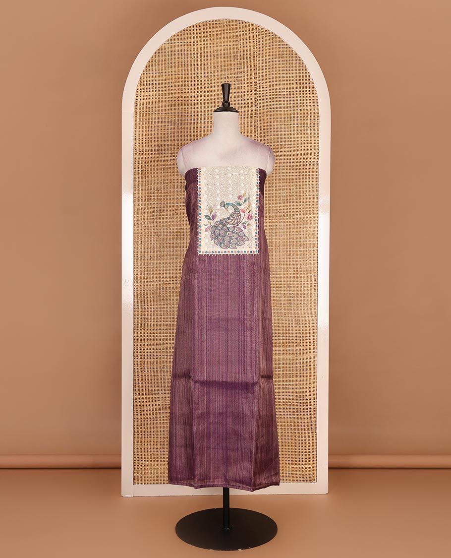 Wine tissue material chudidar set, peacock printed with neck patch embroidered top, plain bottom, dupatta of peacock print, and cut work