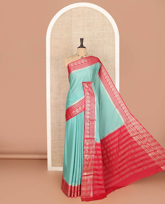Green plain art mysore silk saree, contrast traditional zari design border, and zari design pallu