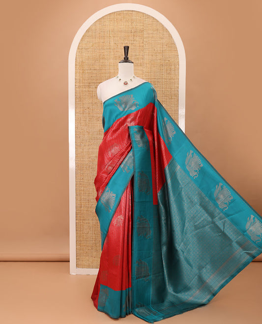 Red zari checked & elephant motifs woven kanchi silk saree, contrast korvai-style border of elephant motifs, intricate pallu & plain blouse