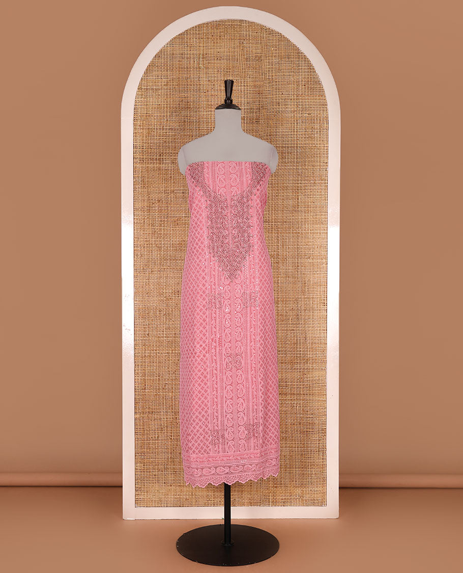 Dark peach material churidar set, stone work with Schiffli style embroidered georgette top, American Crape bottom, and polka dotted printed mirror work dupatta