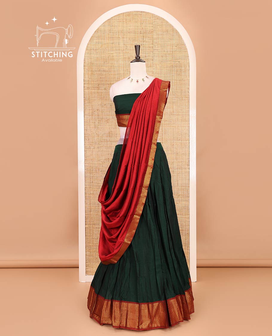 Green-red Mercerised cotton half-saree, plain with contrast arai madam border skirt, matching blouse & contrast arai madam border dhavani