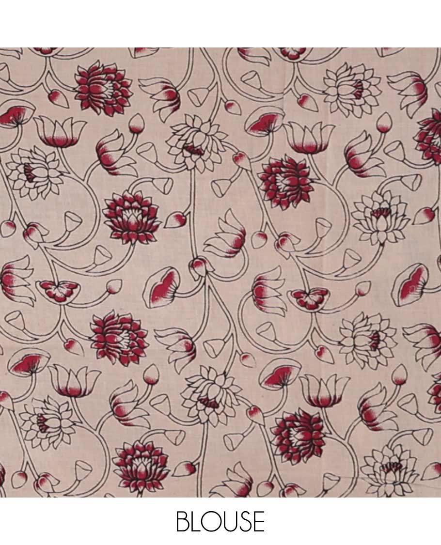 Cream floral vine machine printed kalamkari cotton saree with self intricate design border &animal motifs pallu