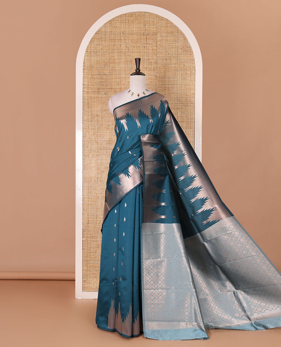 Blue zari buttas kanchi silk saree, temple zari border, zari-rich jaal pallu, and zari motifs woven blouse