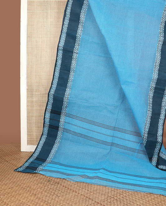 Blue checked bengal cotton saree with contrast geometric design border & checked pallu