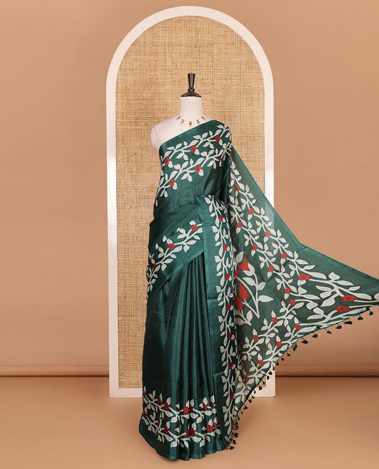 Green plain khadi cotton saree, floral creeper printed border, and pallu with small buttas printed blouse