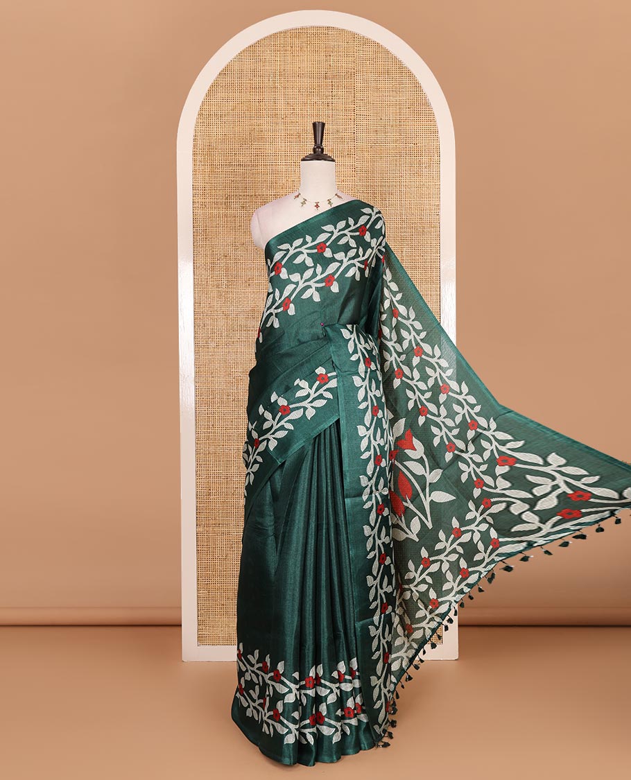 Green plain khadi cotton saree, floral creeper printed border, and pallu with small buttas printed blouse