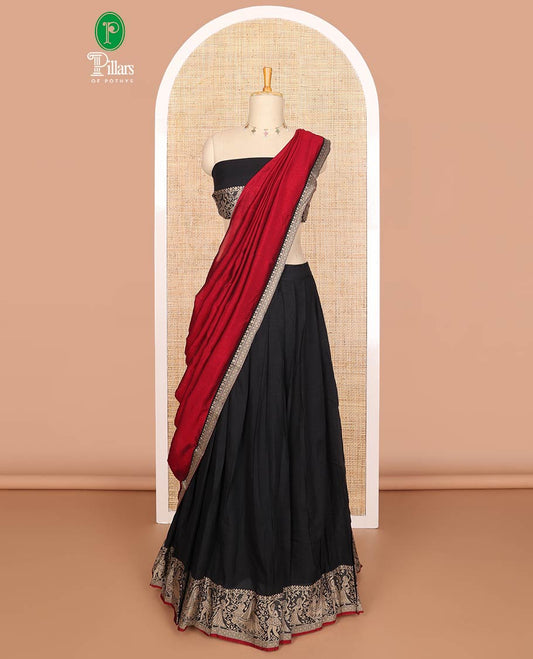 Black with maroon mercerised cotton daman resham border half saree with mercerised cotton blouse and skya georgette one side resam border work