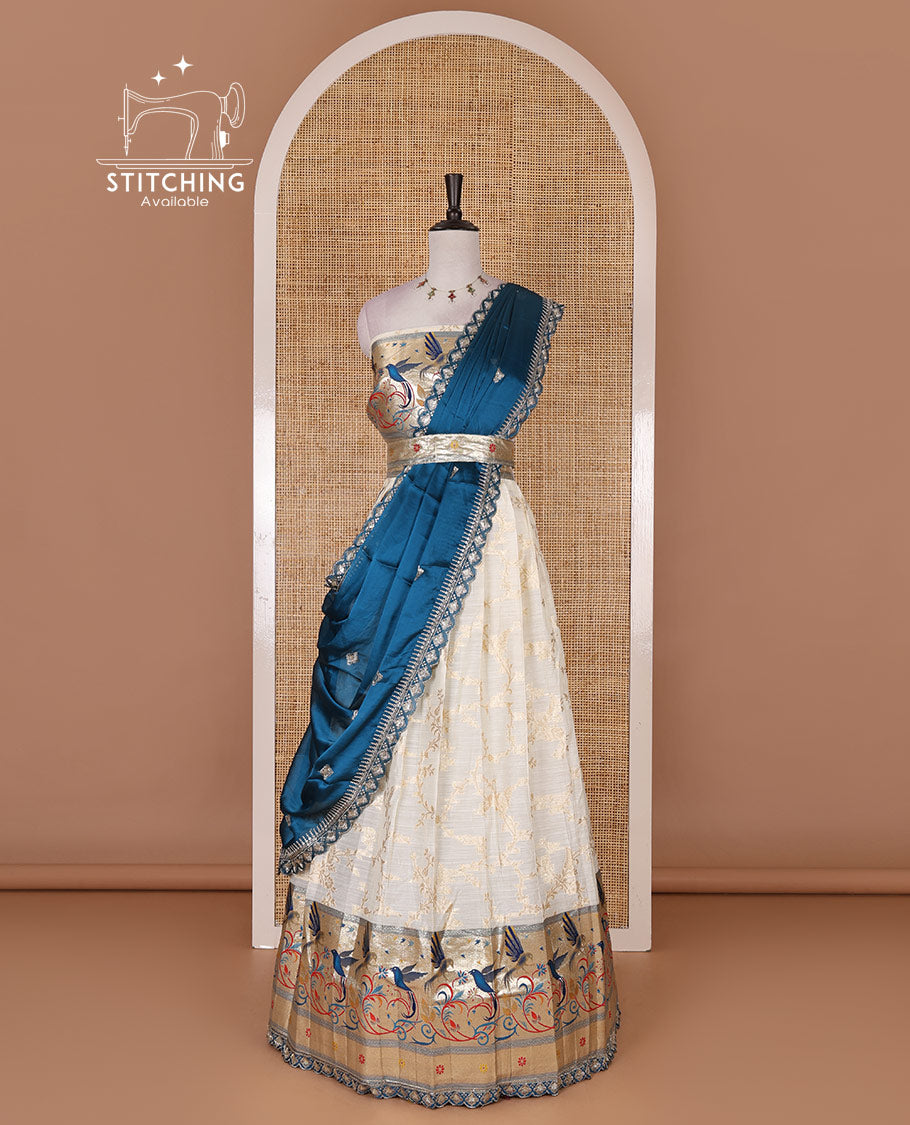 Cream banaras halfsaree, jaal jacquard skirt, contrast brown paithani border, matching blouse, and Syska georgette embroidered dhavani