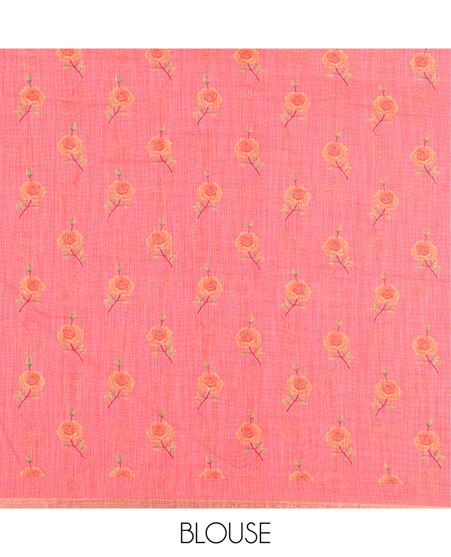 Pink Linen Cotton Saree, Bedecked with Micro-Checks and Floral Motifs on Its Body, Subtle Piping Border, a Self-Pallu, and Paired with a Rose Floral Printed Blouse