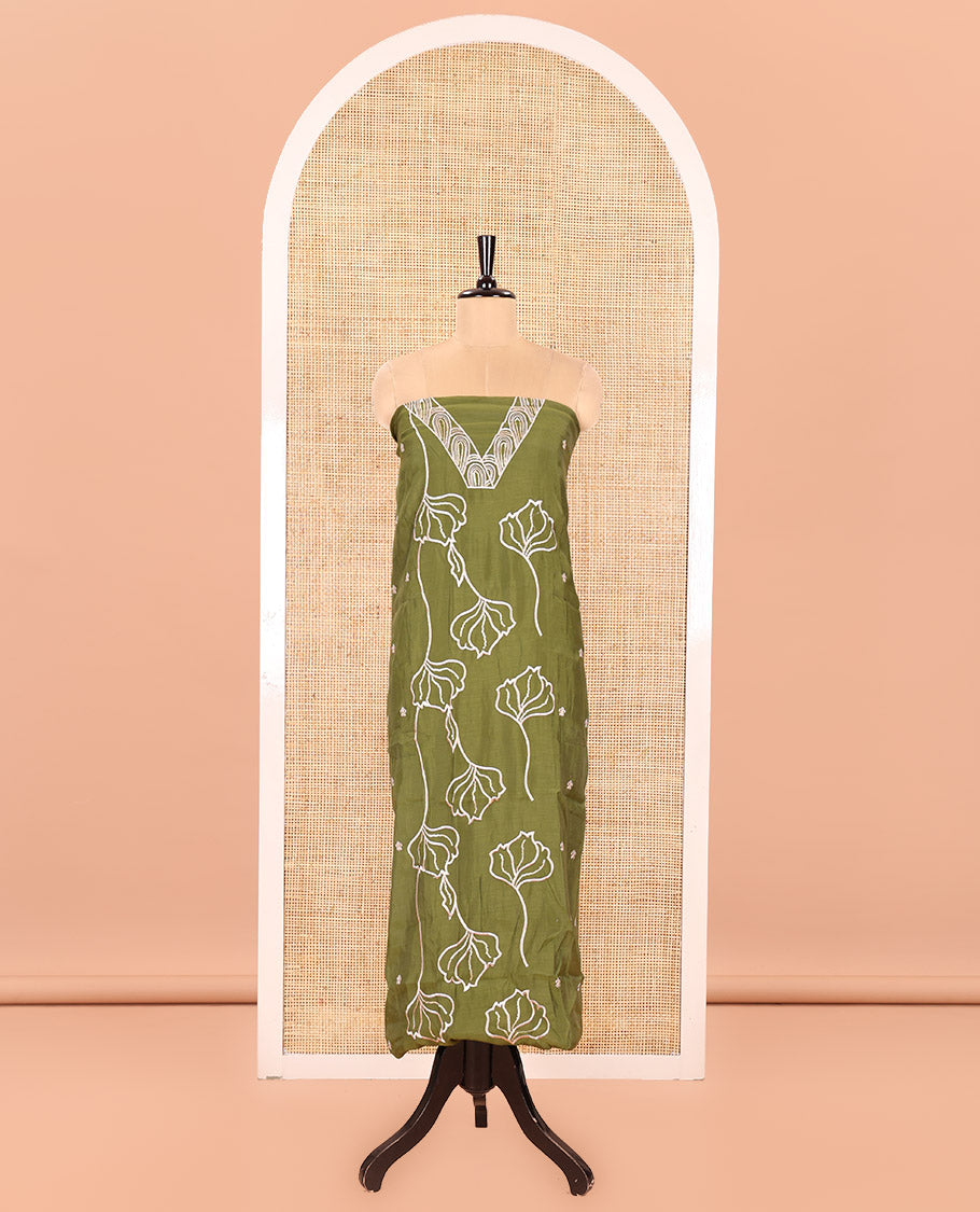 Green Mul Chanderi Material Churidar Set, Decked Up with Flower Embroidery and Sequins Work V-Neck Top, a Plain Santoon Bottom, and Paired with a Mul Chanderi Floral Embroidered Dupatta