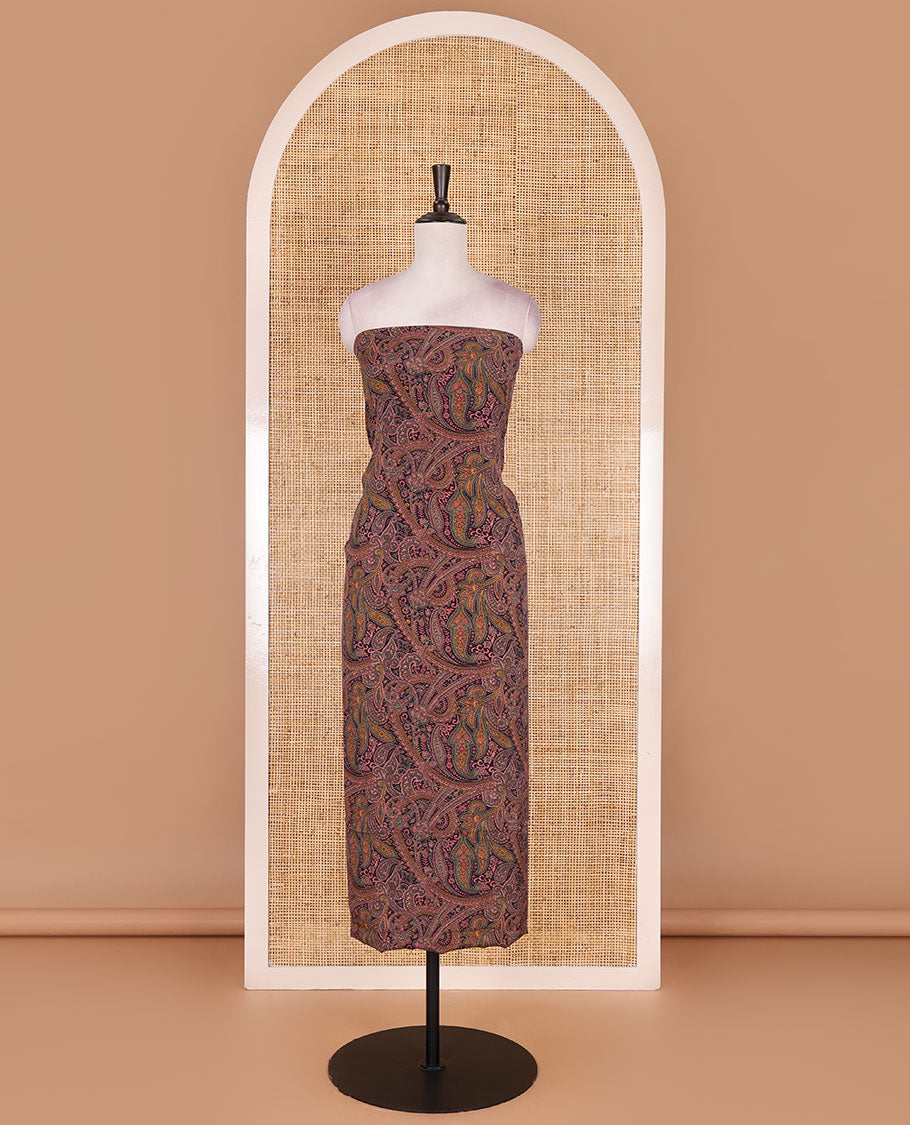 Purple Italian crepe material chudidar set, paisley printed top, plain bottom, and floral-paisley printed georgrette dupatta