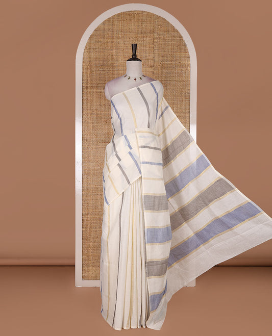 Borderless cream-purple vertical striped Kerala cotton saree, ragkat style pallu, and running blouse