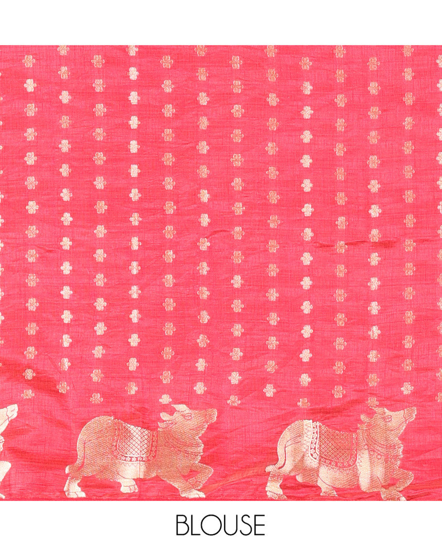 Pink Art Tussar Saree, Bedecked with Gold Zari Buttas All Over Its Body, Highlighted by a Zari Border of Pichwai Cow Motifs, Grandly Woven Pallu, and Paired with a Matching Blouse