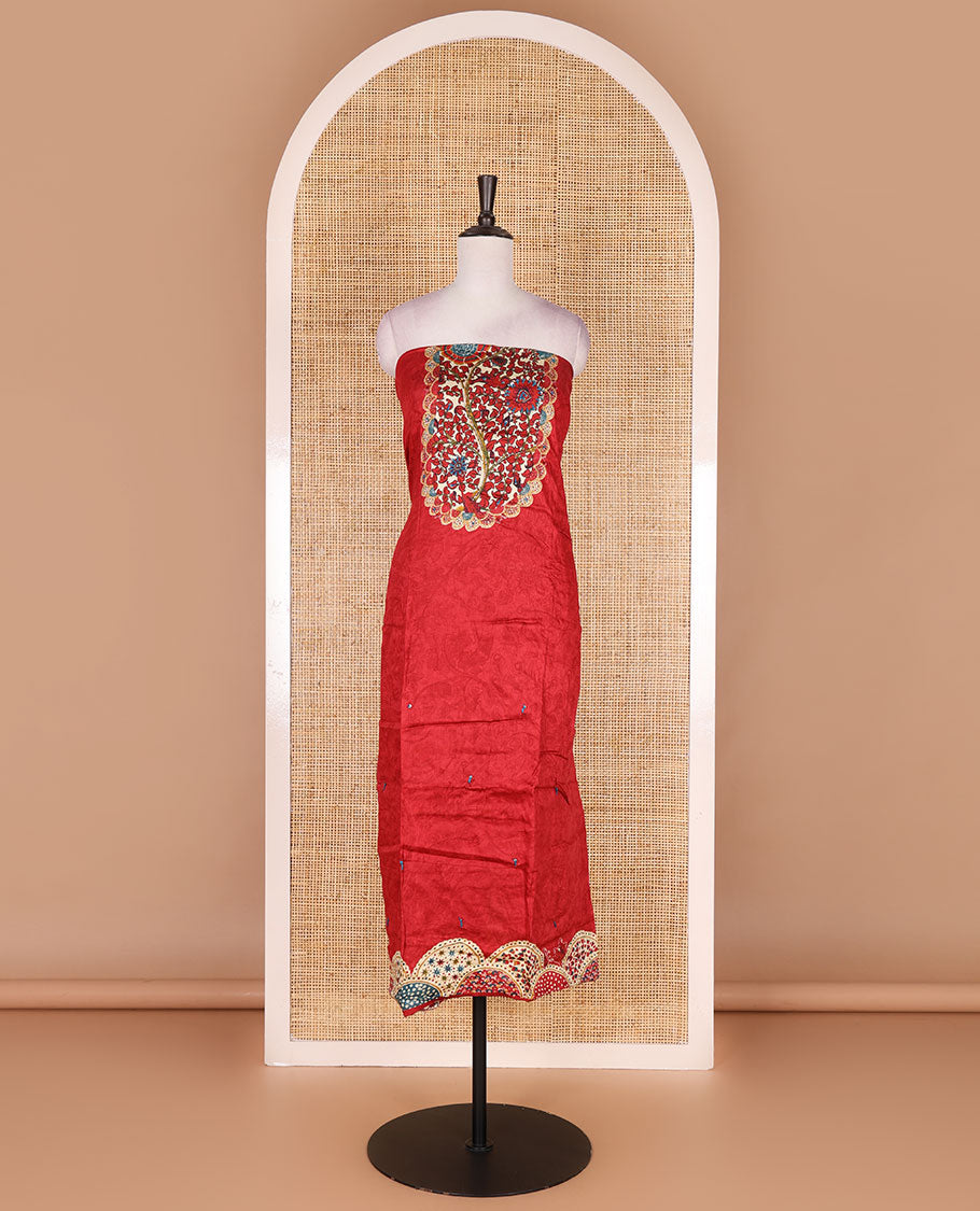 Rani pink pure cotton material chudidar set, floral print with french knot and bead work top, plain cotton bottom, and floral-geometric printed dupatta