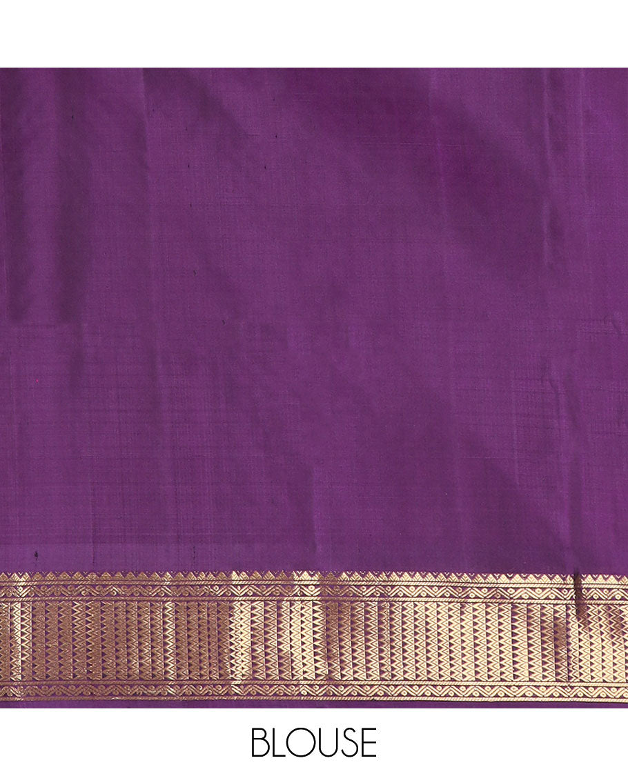 Red ikkat style geometric design soft silk saree with contrast zari border & zari ara maadam design pallu