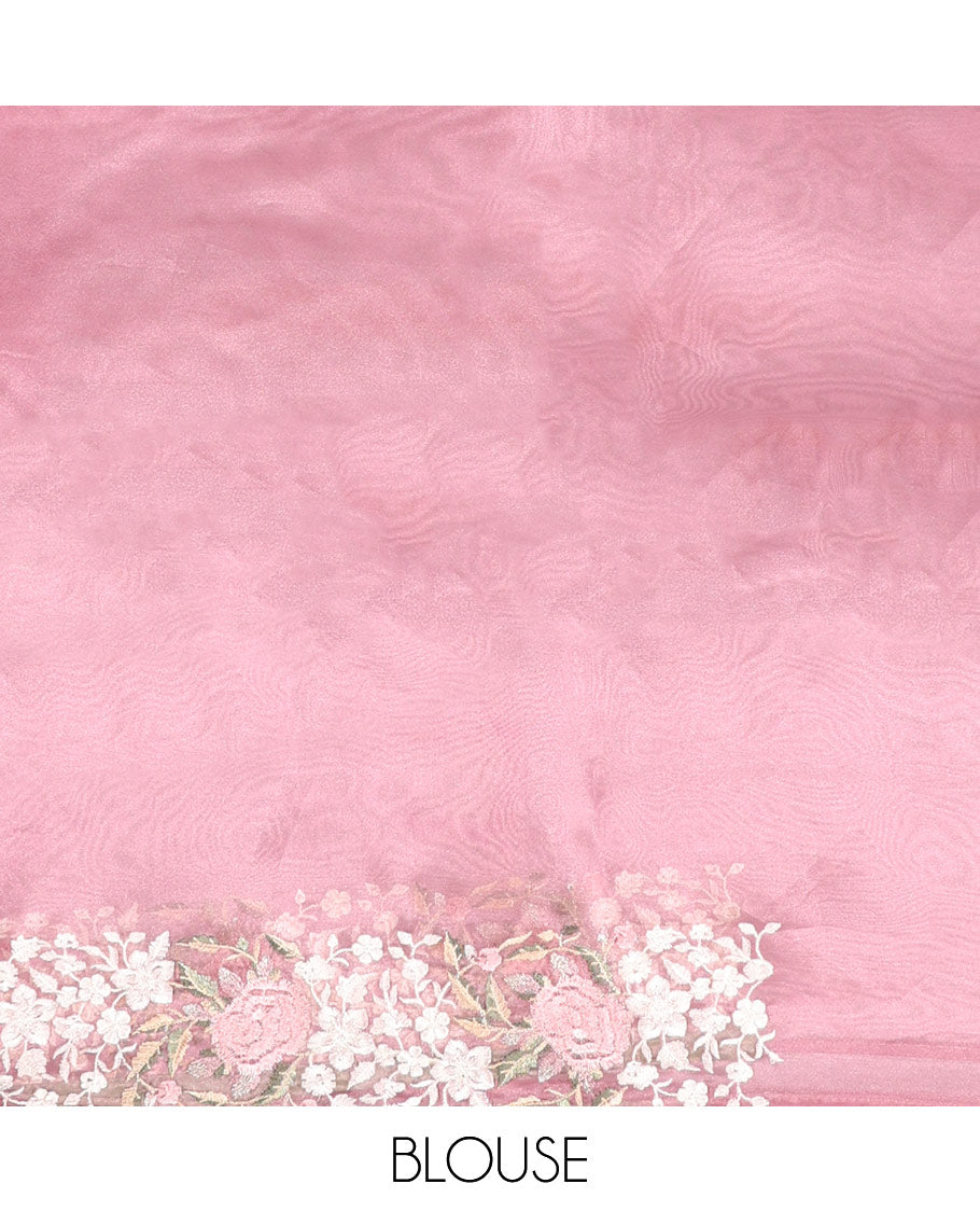 Pink floral motifs embroidered semi-banaras organza saree & floral embroidered border