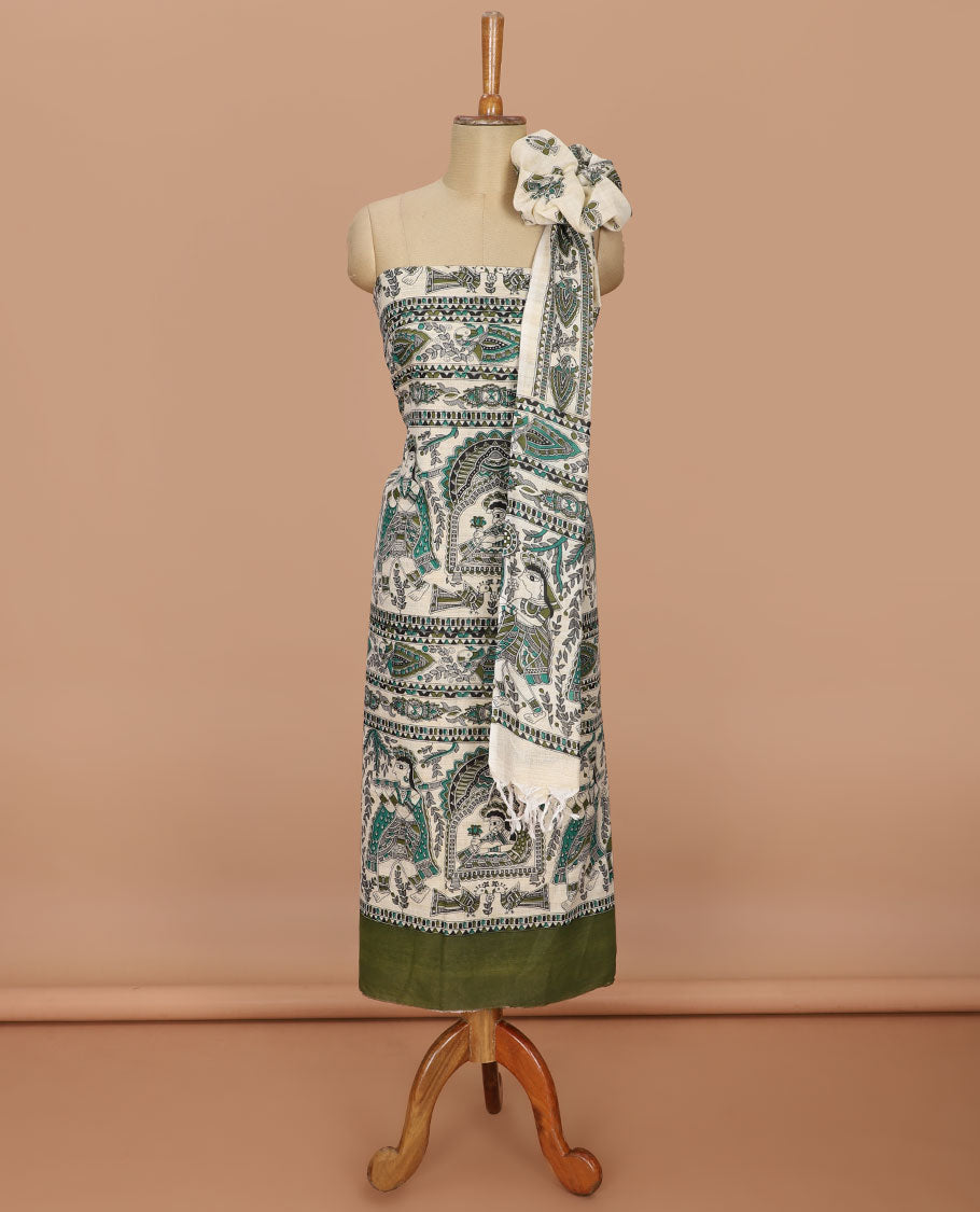 Mehendi green madhubani print design bhagalapur cotton chudidhar material top with cotton material daman madhubani ptint pants & madhubani printed dupatta