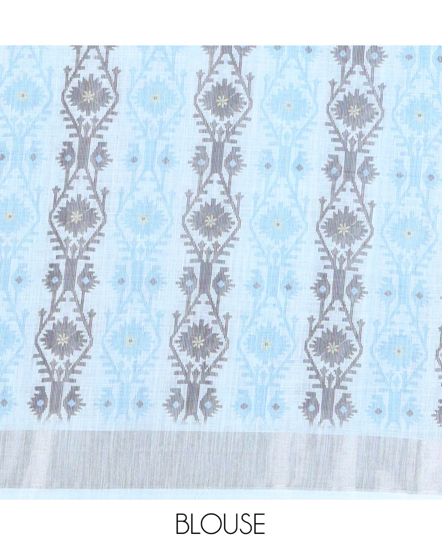 Blue Plain Linen Cotton Saree, Subtly Sparkled Zari Border of Jamdani-Style Leaf-Floral Designs, Pallu Depicting Jamdani-Style Designs, and Paired with a Matching Blouse