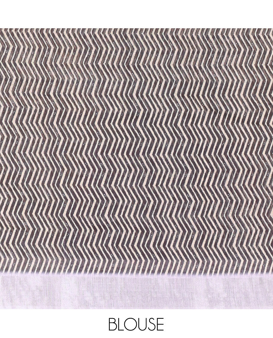 Lavender Linen Cotton Saree Features Ajrakh Geometric Print, a Zari Border, Printed Pallu, Contrast Blouse