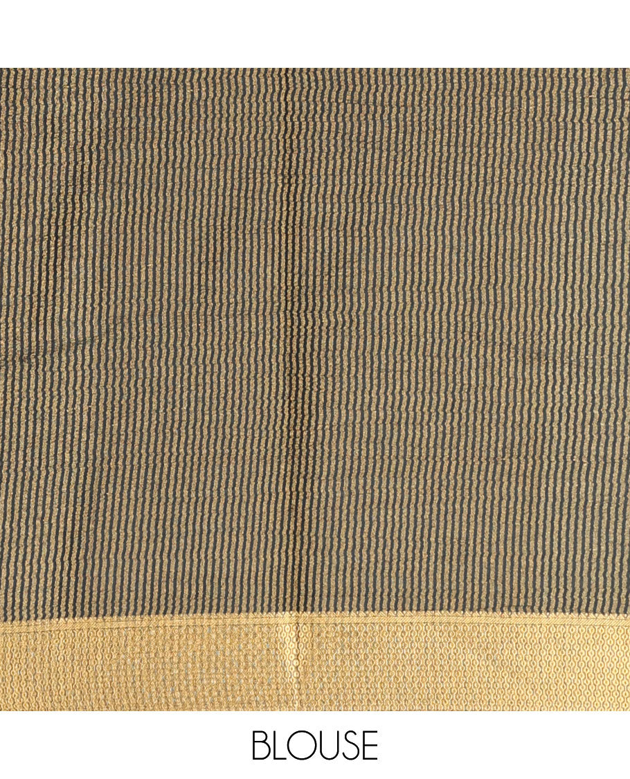Yellow striped design  mysore silk saree with contrast striped zari border & striped zari pallu