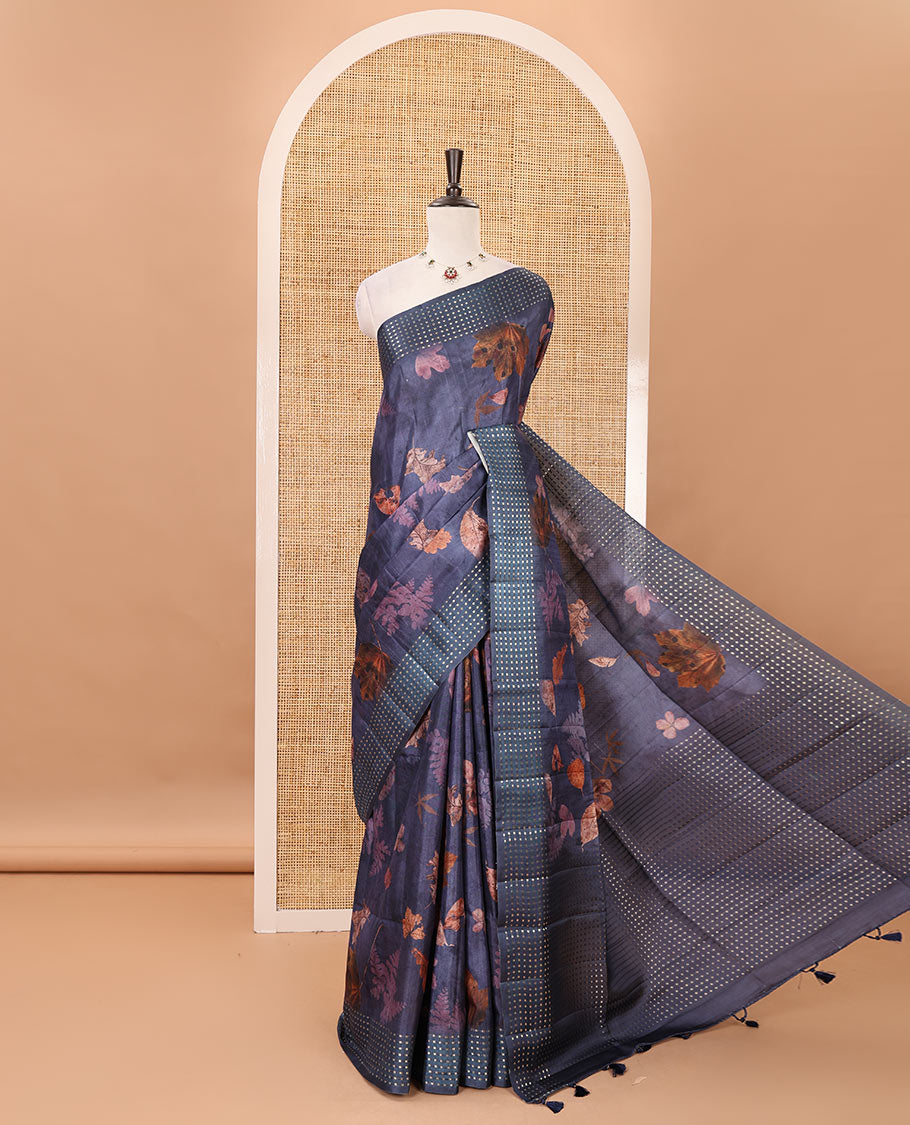 Grey leaf motifs eco-digital printed fancy tussar saree, zari border & pallu woven with dobby-style buttas