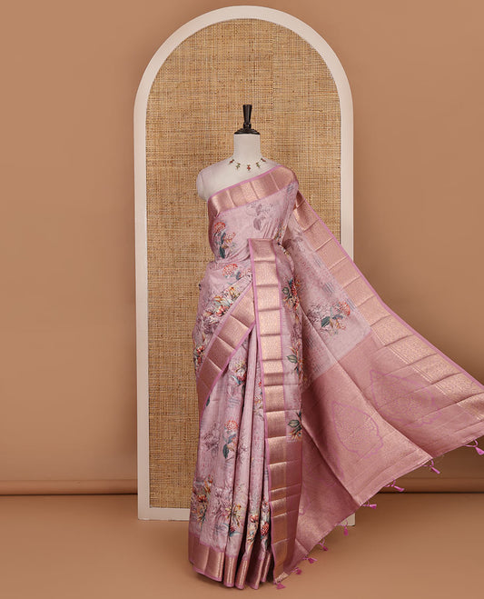 Light pink tropical floral printed fancy tussar saree, contrast traditional zari border, intricate zari woven pallu, and matching printed blouse