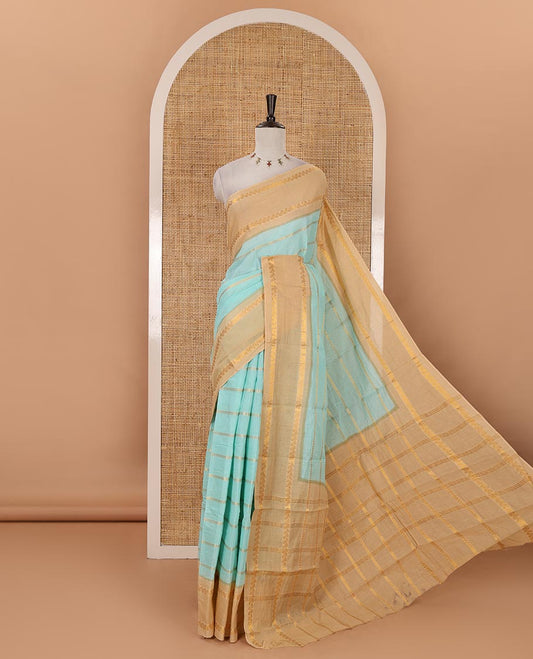 Sea green zari kathir striped sungudi cotton saree, contrast rettai pettu zari border, zari design pallu & contrast zari design blouse