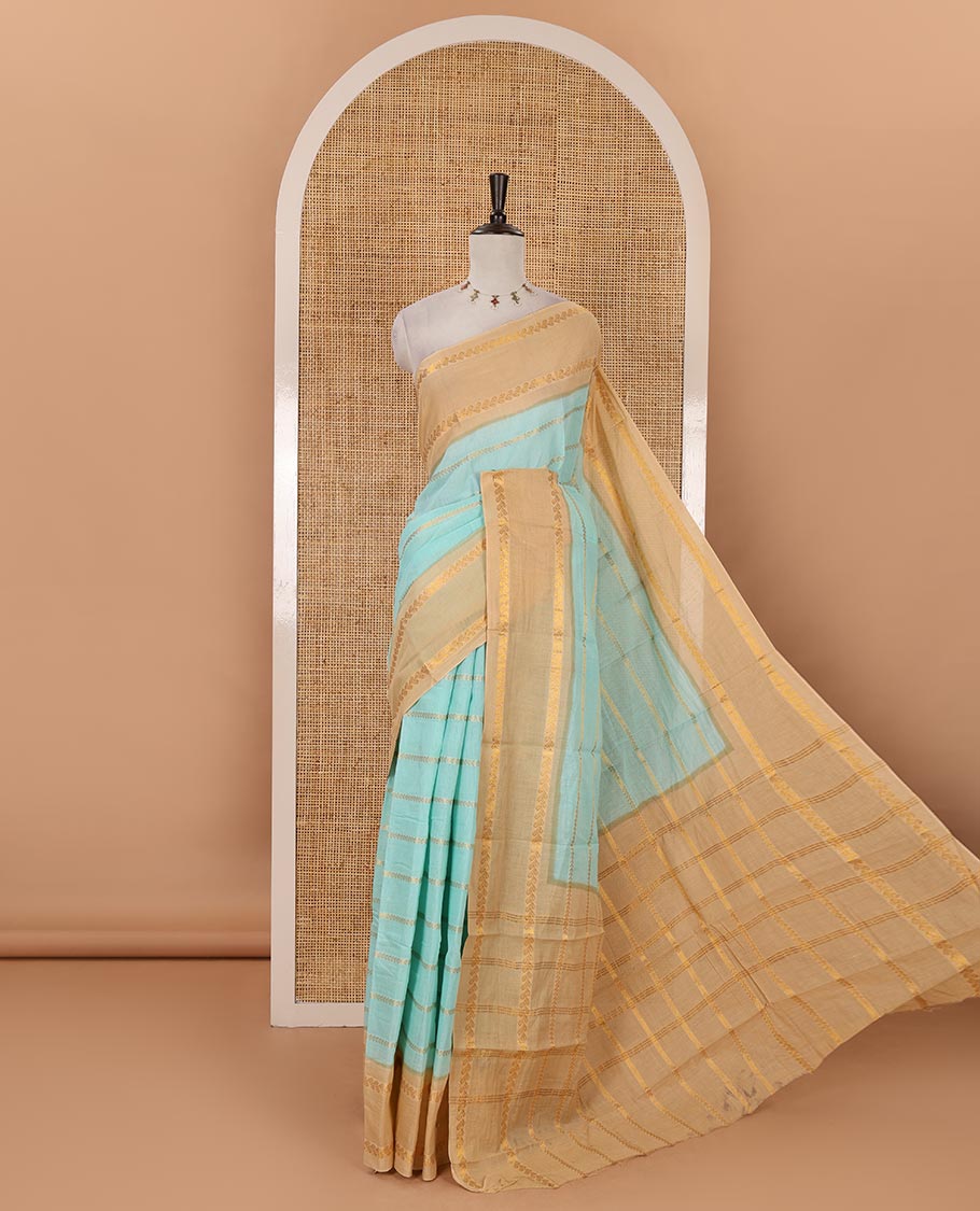 Sea green zari kathir striped sungudi cotton saree, contrast rettai pettu zari border, zari design pallu & contrast zari design blouse