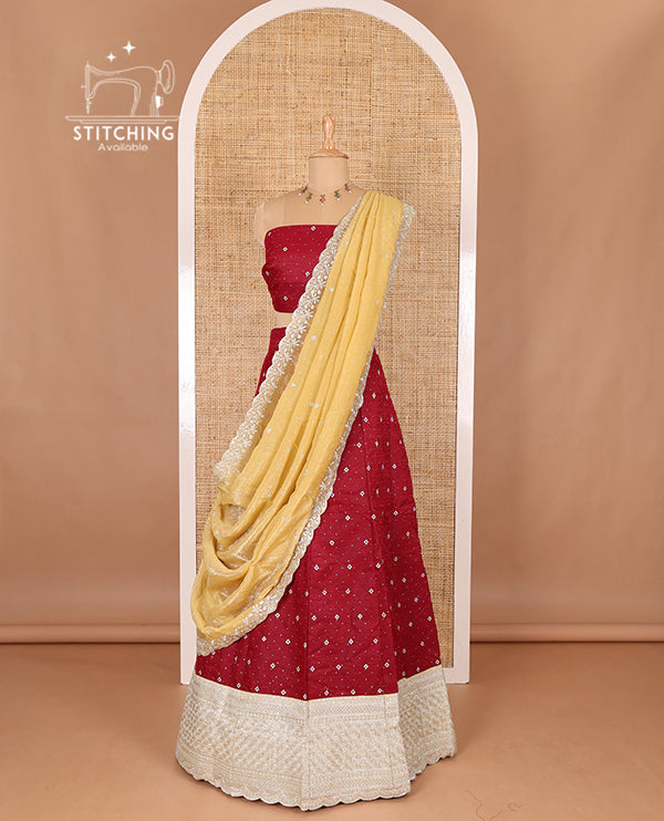 Red half-saree, floral motifs embroidered semi raw silk top, matching embroidered blouse, and contrast scallop embroidered georgette dhavani