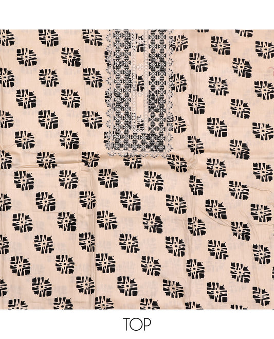 Sandal Material Chudidar Set, Elevated with Unique Motifs Print and Neck Embroidery on Rayon Top, a Contrast Plain Rayon Bottom, and Paired with Checked Design Block Printed Chanderi Silk Dupatta
