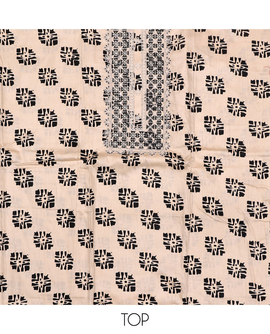 Sandal Material Chudidar Set, Elevated with Unique Motifs Print and Neck Embroidery on Rayon Top, a Contrast Plain Rayon Bottom, and Paired with Checked Design Block Printed Chanderi Silk Dupatta