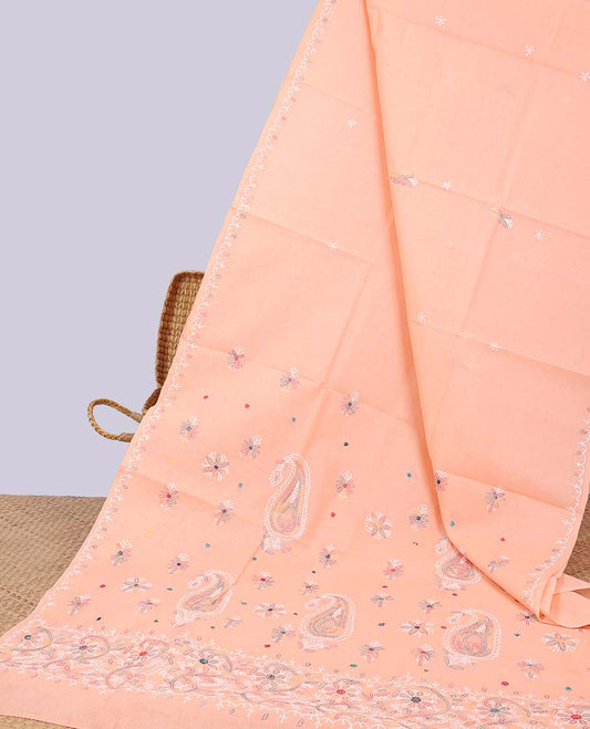 Orange floral embroidery lucknowi chikankari cotton saree,self-border & pallu of floral & paisley embroidery