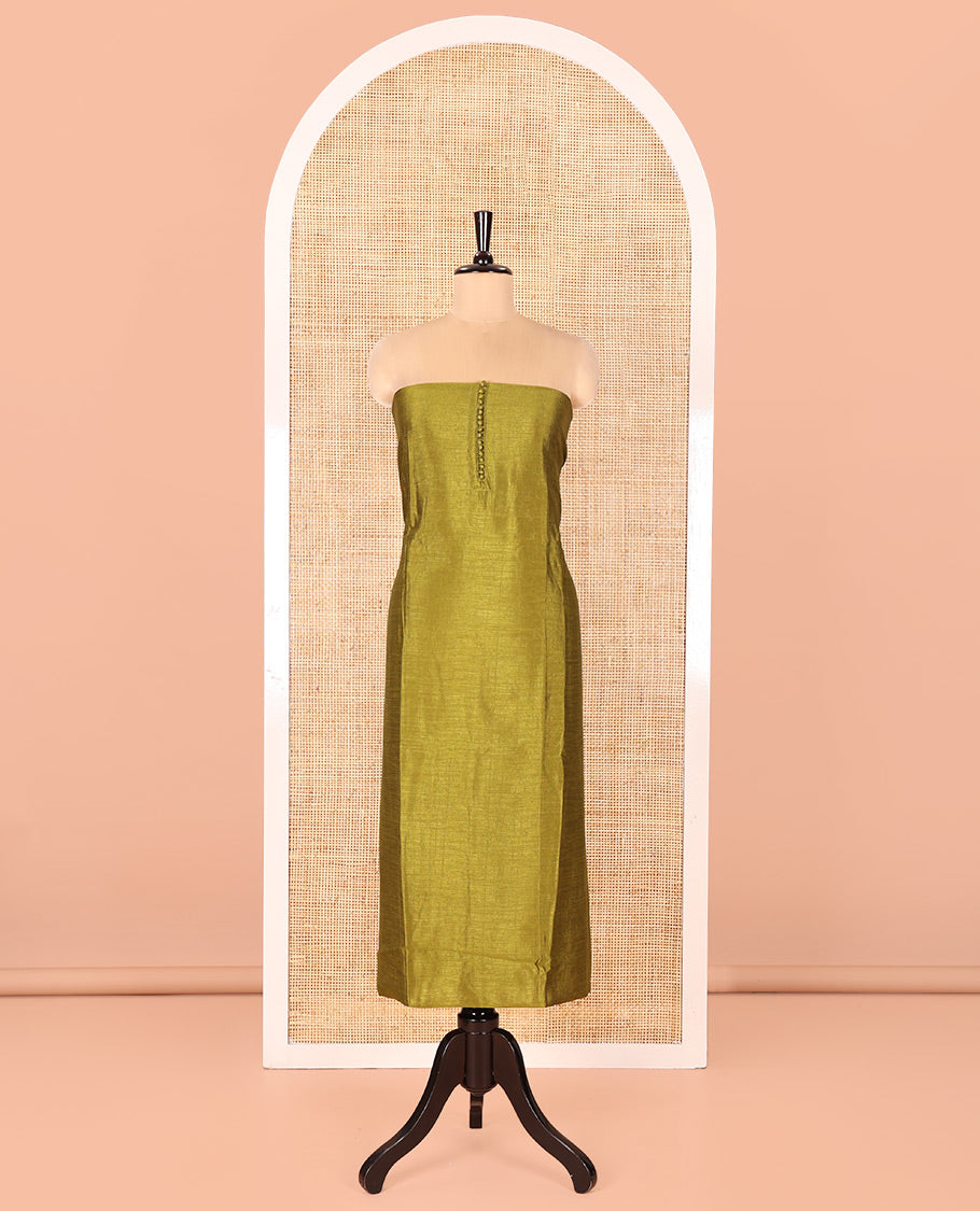Green Vichitra Silk Material Chudidar Set, Delicately Woven with Pom-Pom Necklined Top, a Plain Santoon Bottom, and Paired Scallop Multi-Color Floral Embroidered Organza Dupatta