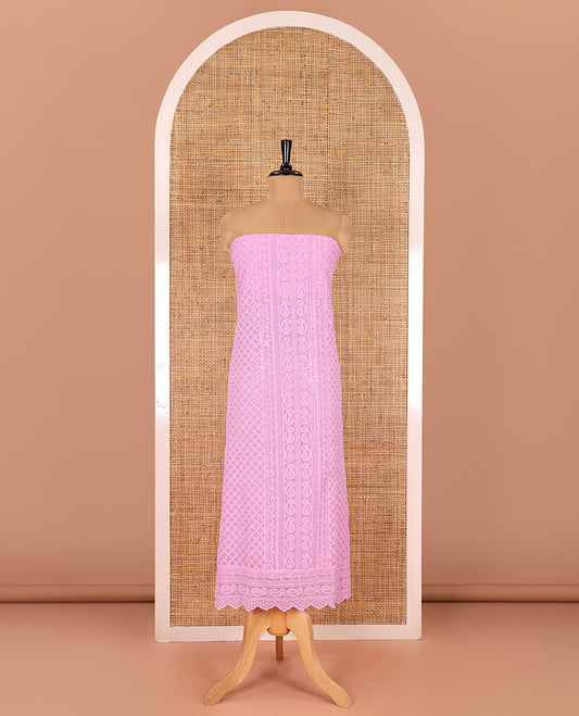 Pink material chudidar set, paisleys and jaal schiffli sequins embroidered mul georgette top, a matching bottom, and a mirror work dupatta