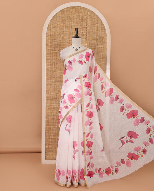 White-base pink color floral creeper printed linen saree, zari piping border, floral creeper print pallu & floral print blouse