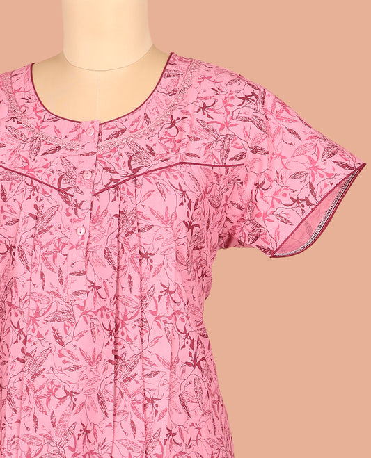 Pink Cotton Nighty Beautified with Floral Vine Design Print, Featuring Lace Work, Round Front Neck, and Half-Sleeves