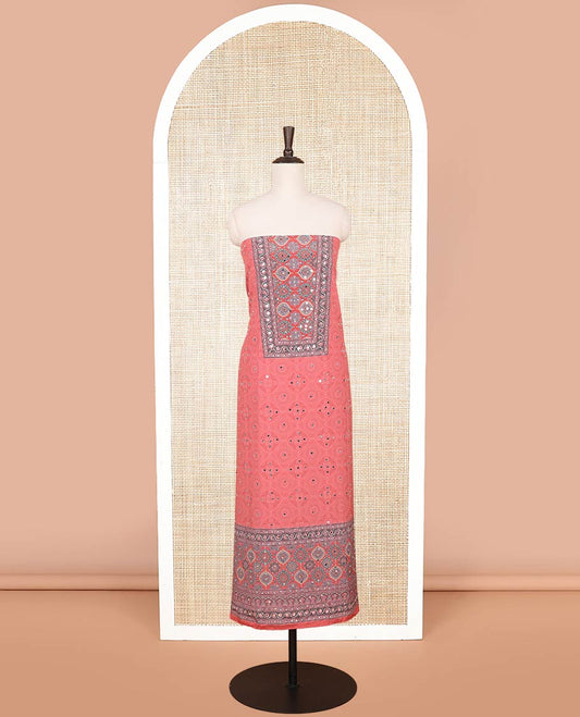 Peach jacquard, ajrakh print, mirror work crepe chudidhar material top with american crepe pant & chinnon ajrakh print, mirror work dupatta