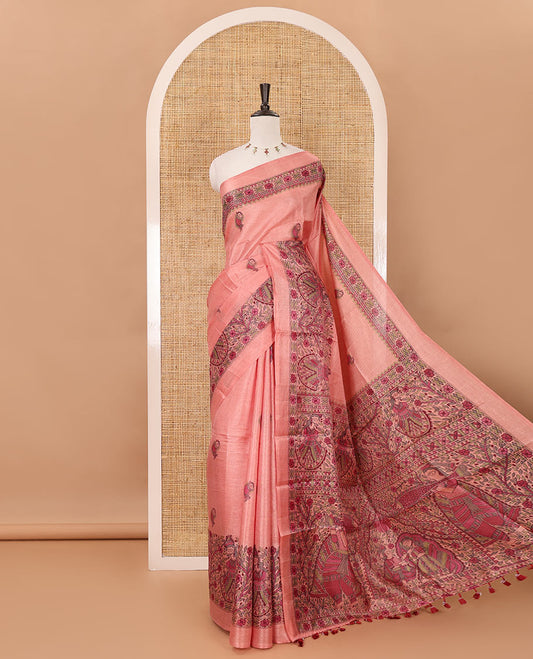 Peach madhubani-style fish printed khadi cotton saree, floral printed border, madhubani printed pallu & contrast polka dots printed blouse