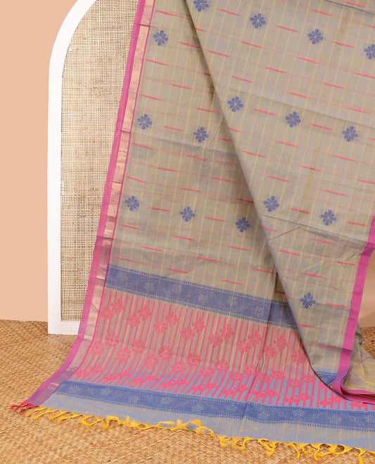 Light grey striped, floral motifs coimbatore cotton saree with contrast zari border & striped, floral design pallu
