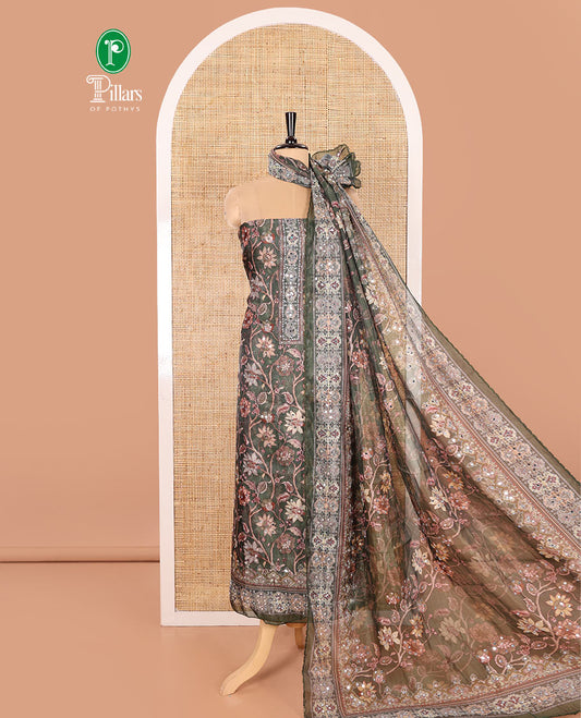 Green Material Chudidar Set Beautified with Floral Vine with Mirror Work Organza Top, Subtly Made Plain Santoon Bottom, and Organza Dupatta Featuring Floral Vine Print and Mirror Work