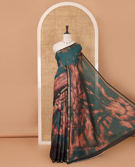 Green shibori-style printed muslin saree, contrast zari piping border, self printed pallu & shibori-style printed blouse