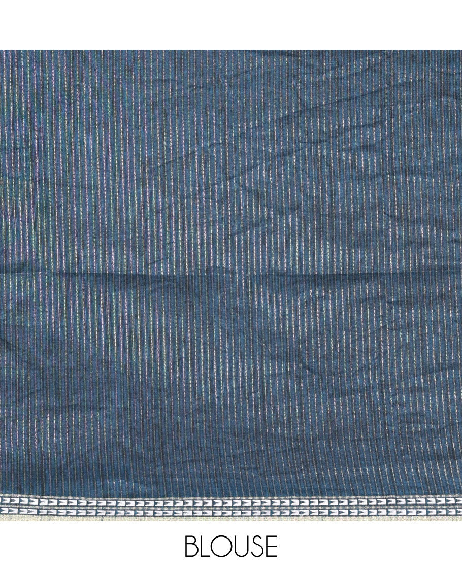 Peacock blue plain fancy tussar saree, temple motifs woven thread border, striped pallu, and a matching blouse