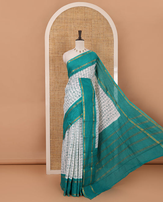 White-rama green Tamil letters printed Sungudi cotton saree, contrast rudraksham rettai pettu zari border, striped pallu & contrast veldhari striped blouse