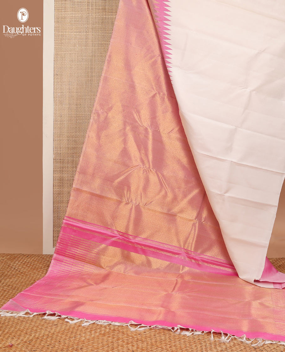Borderless cream with pink silk saree with bhavanji pallu